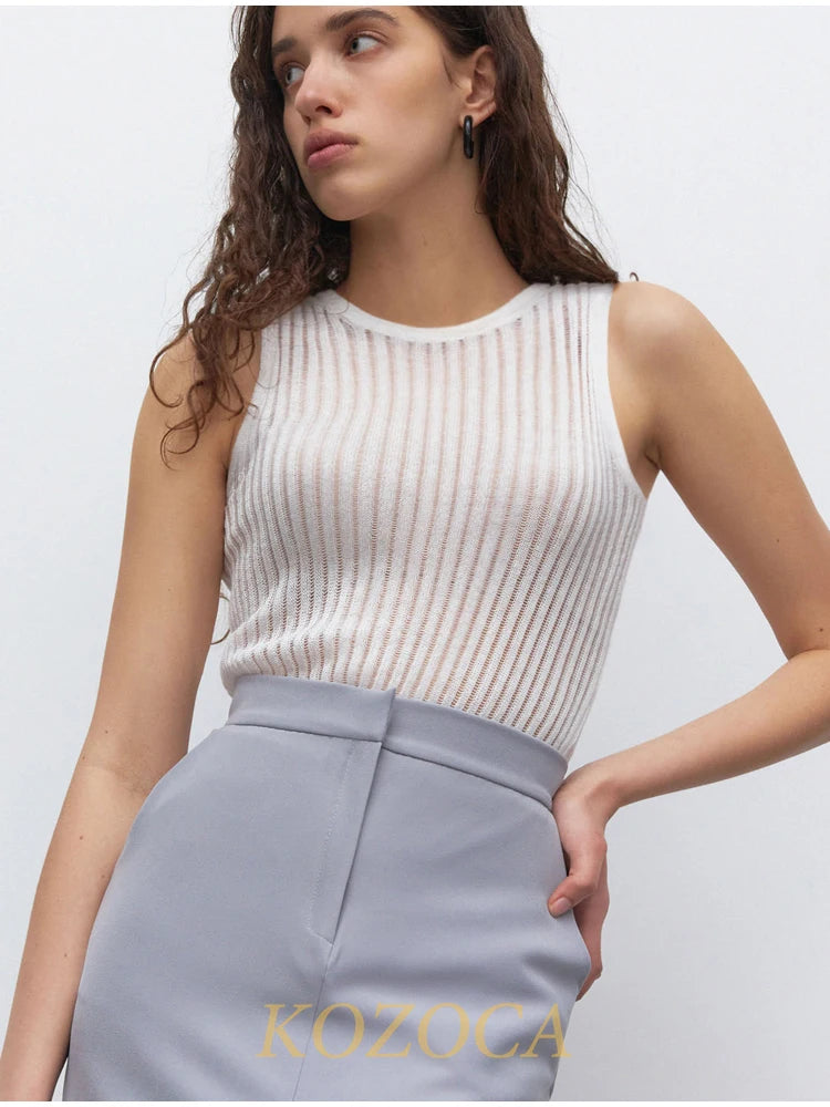 Kozoca 100% Wool Chic Solid Tanks Elegant Striped See Through Hollow
