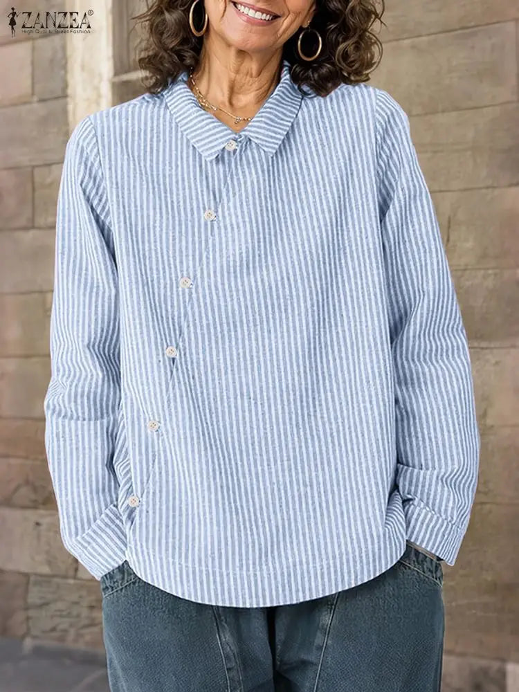 Fashion Autumn Stripe Blouse ZANZEA Women Shirt Elegant Lapel Neck