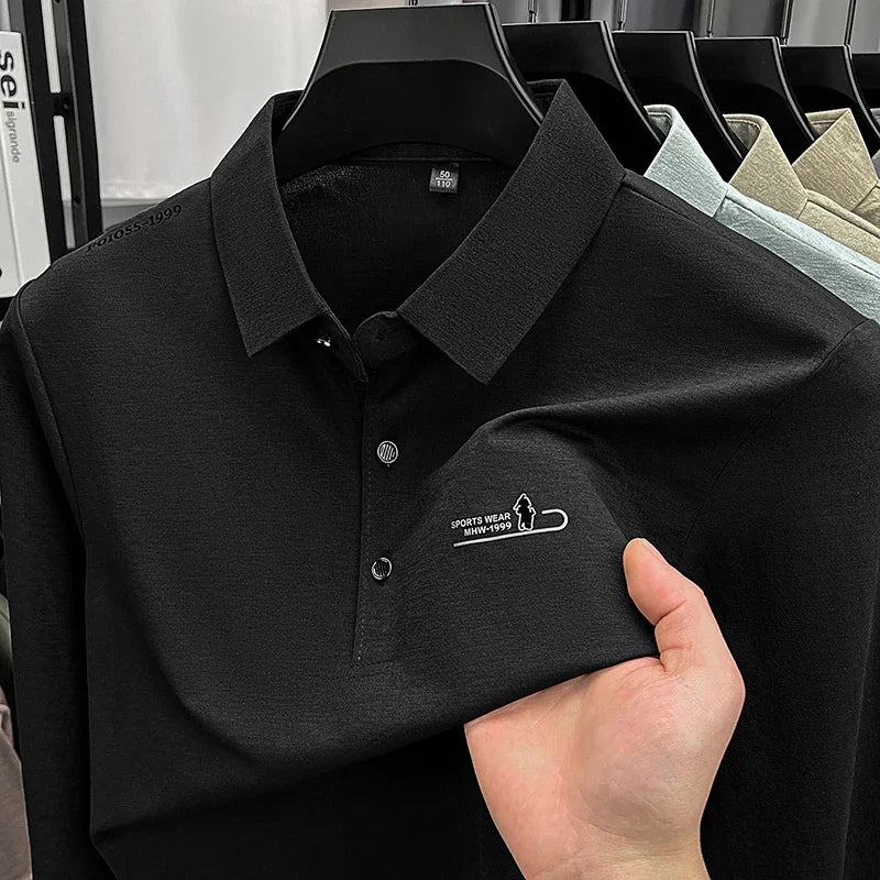 Mens Long Sleeve Polo Shirt Casual Business Tops Embroidery Turndown