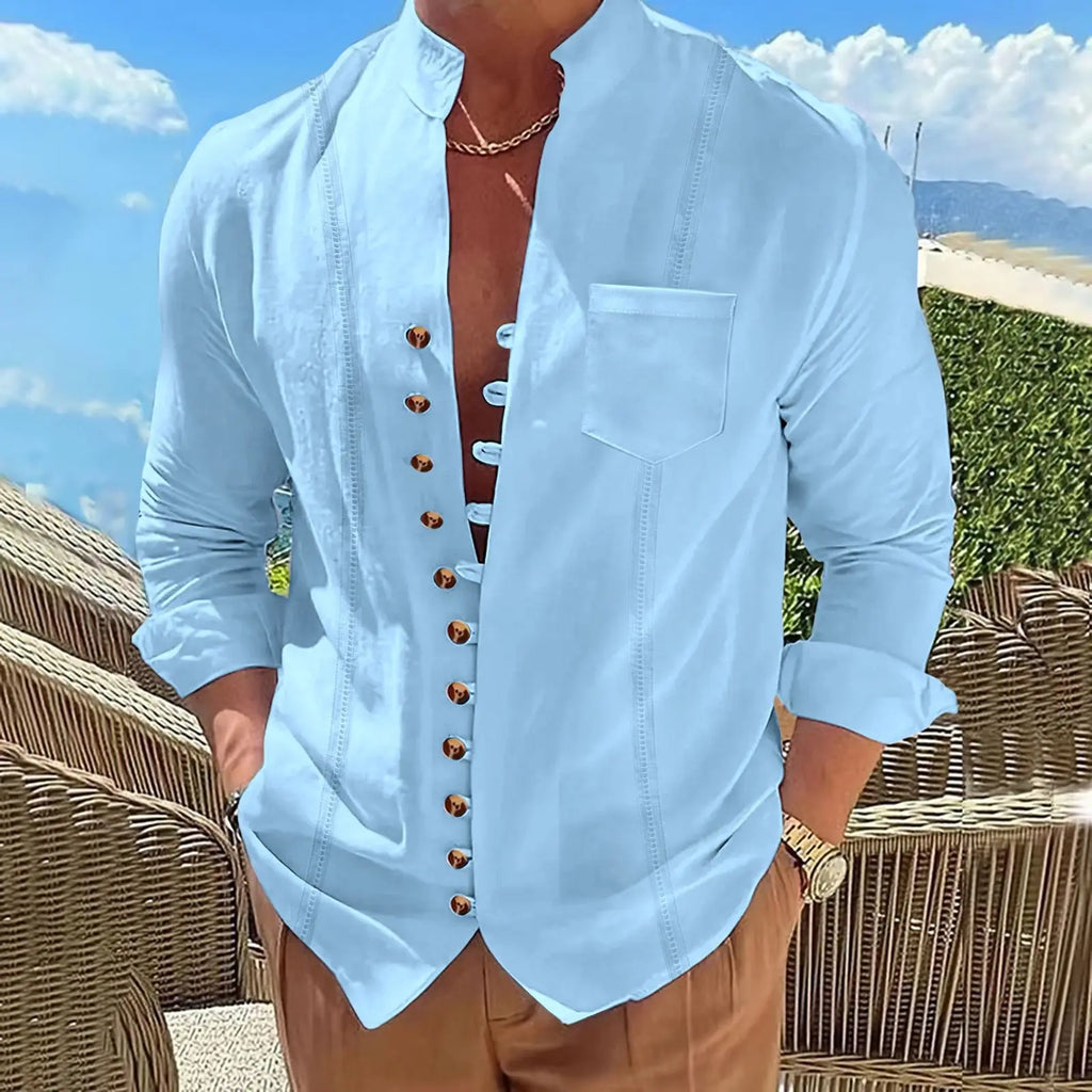 2024 Men's new vintage stand collar cotton linen pocket long sleeve