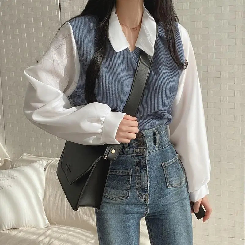 Y2k Polo Collar False Two-piece Blouse Women Spring Casual Korean