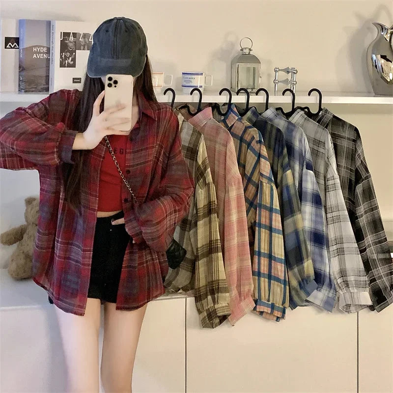 Tops Women Sheer Chiffon Plaid Shirt Long Sleeve Button Up Collared