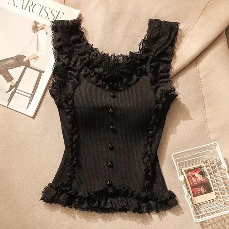 Sleeveless White Lace Patchwork Tank Top Women Camisole Black Crop