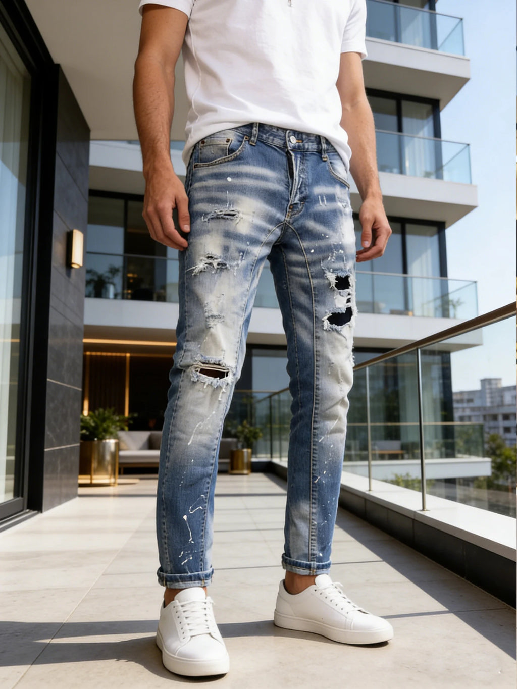 Trendy street style large ripped paint-splatter jeans for men,