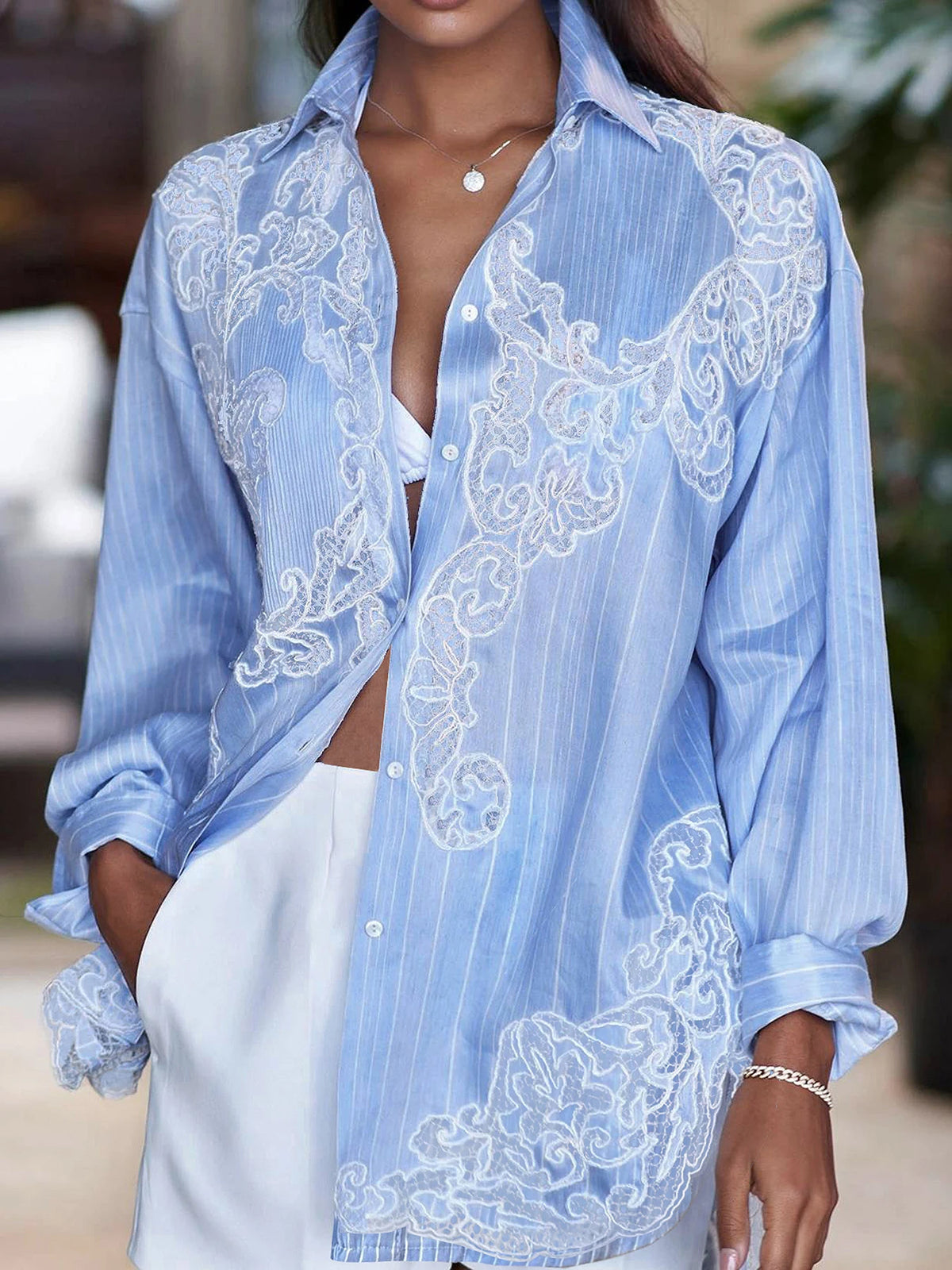 Striped Patchwork Lace Casual Shirt For Women Lapel Long Sleeve