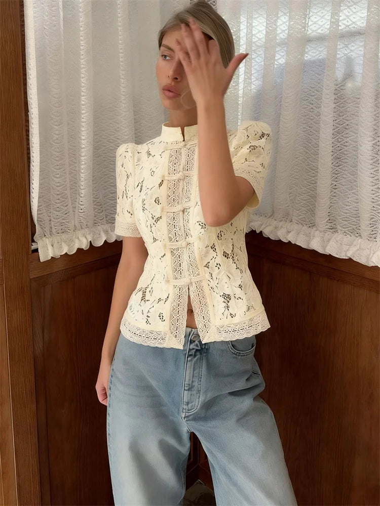 Tossy Fashion Hollow Out Lace Shirts Cardigan Women's Short Sleeve