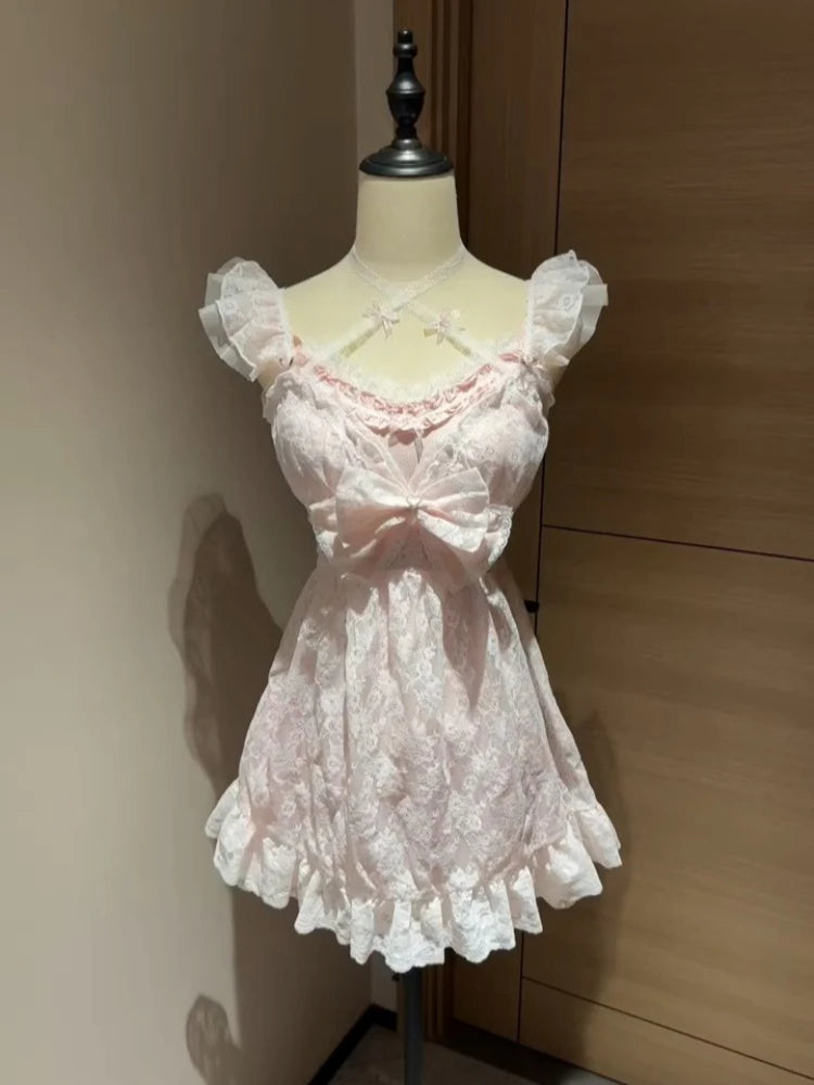 Summer New Girlish Sweet Lace Blouse Cute Bow Slim Kawaii Sling Dress