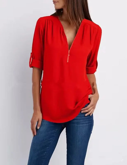 2024 Hot Sale Women Cool Loose Shirt Deep V Neck Chiffon Fashion