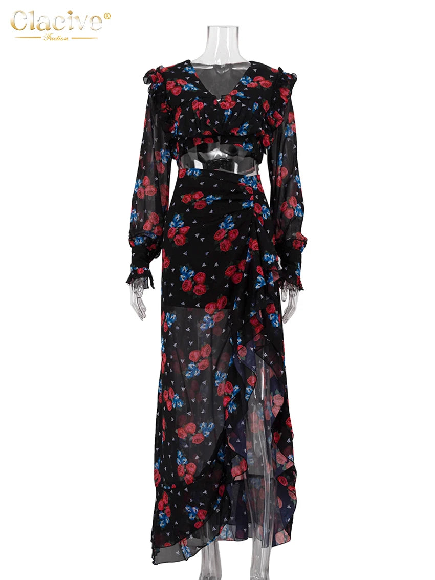 Clacive Fashion Loose Print Women's Two Pieces Set 2025 Sexy Long