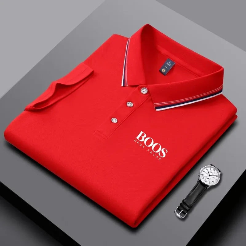 Men's business casual Polo shirt with striped collar and letter