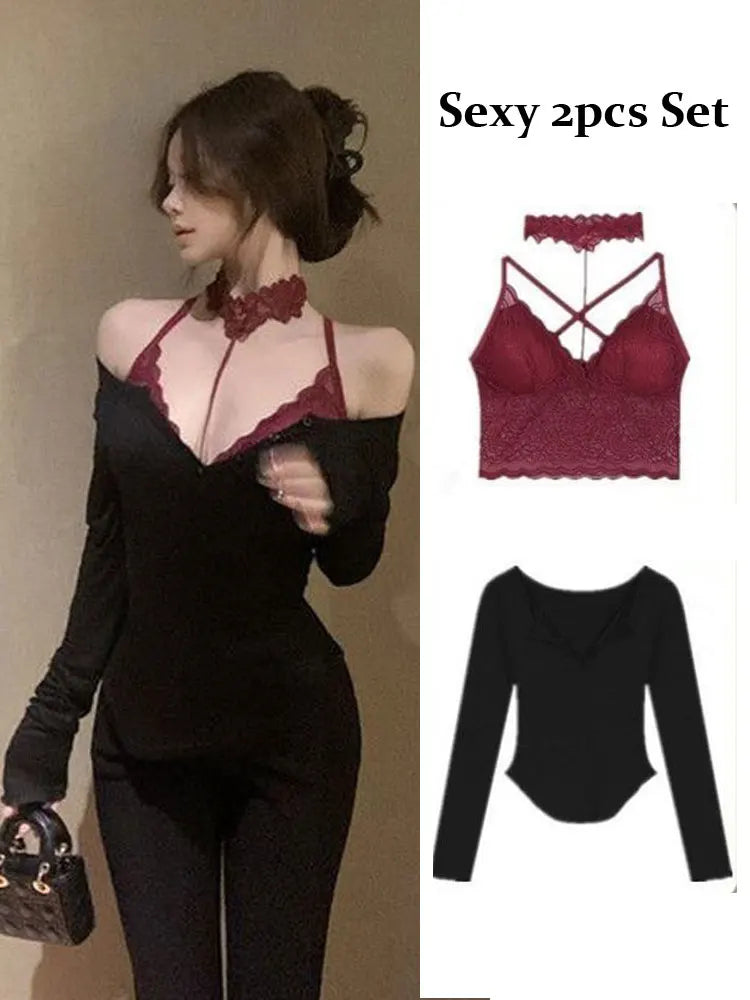 Sexy Lace 2 Piece Set Off Shoulder Long sleeve T-shirt Women Halter