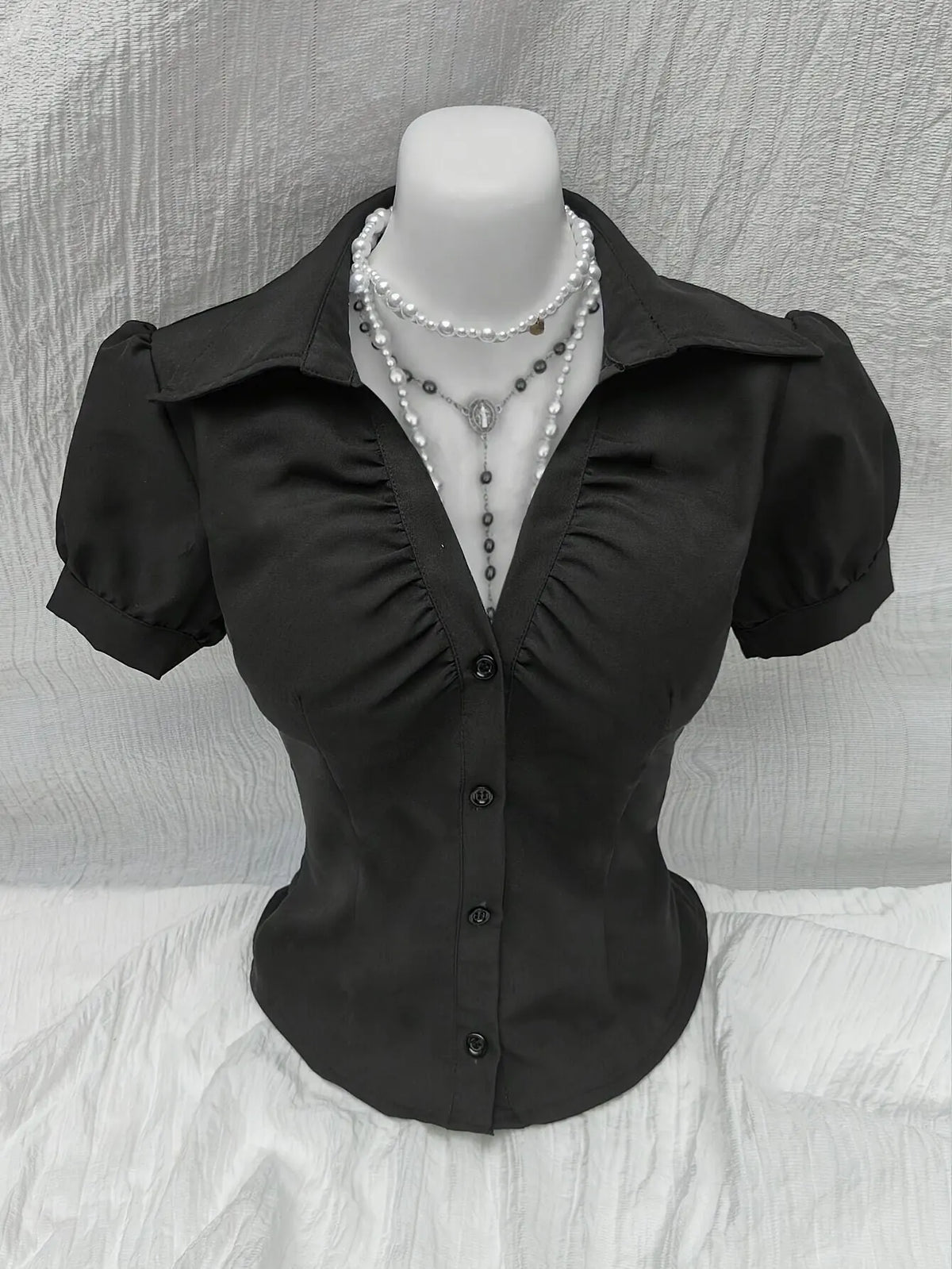 Women Shirts Black Short Sleeve Collared Button Down Blouse Tops