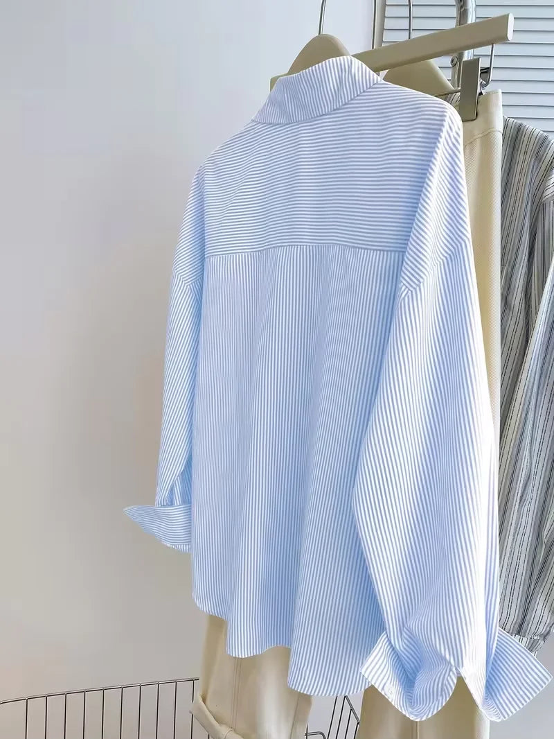 women s long-sleeve blouse ， Women's Striped Knight Print Front