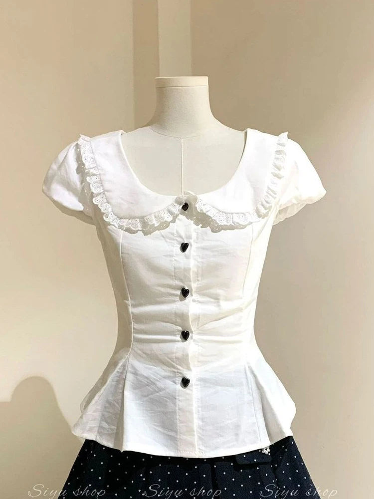 White Slim Sweet Shirt Women Puff Sleeve Cute Preppy Style Blouse