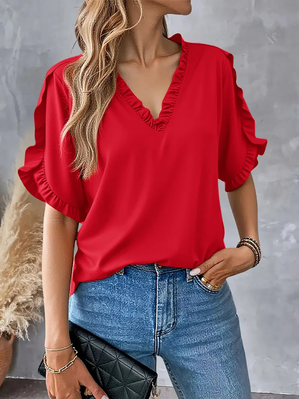V Neck Ruffle Trim Short Sleeve Blouse Flowy Casual Top