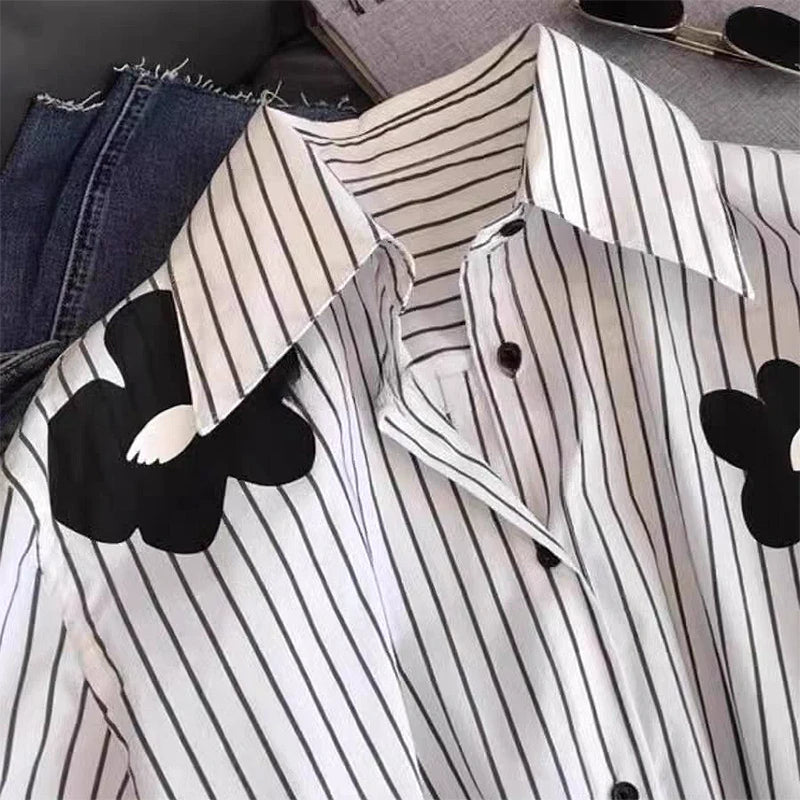Turn-down Neck Flower Stripe Long Sleeved Loose Shirt And Blouse New