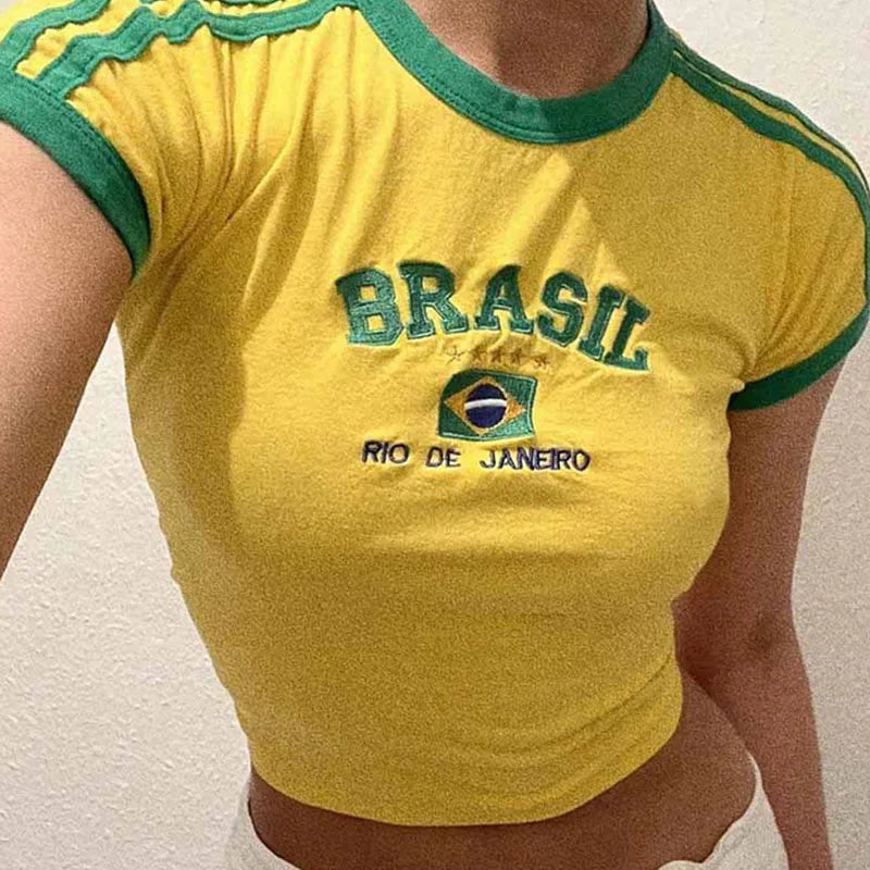Womens Aesthetic BRASIL Letter Print T-Shirt and Shorts Suit, Vintage