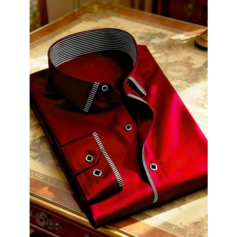 2025 New Men Patchwork Shirt Fashion Dress Tuxedo Long Sleeve Smart