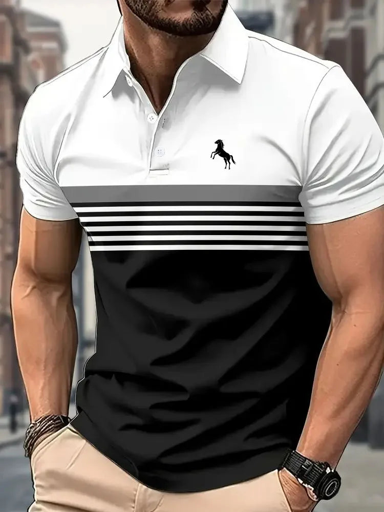 Men'S Casual Short Sleeve Polo Shirt with 3D Horse Print Striped Color