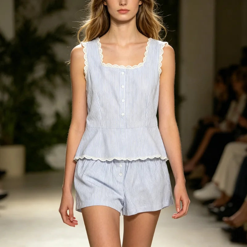 Summer Stripe Sleepwear Women Home Clothes Vest Set Lace Trim Cotton