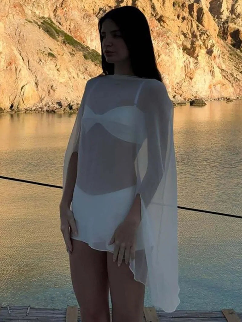 Woman Clothes See-through Chiffon Blouses Sexy Fashion Solid Cover-ups