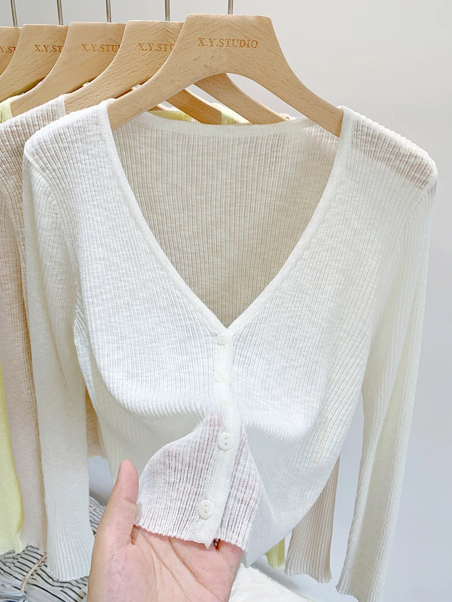 2026 Summer Thin Ice Silk Knit Sun Protection Women Cardigan Solid