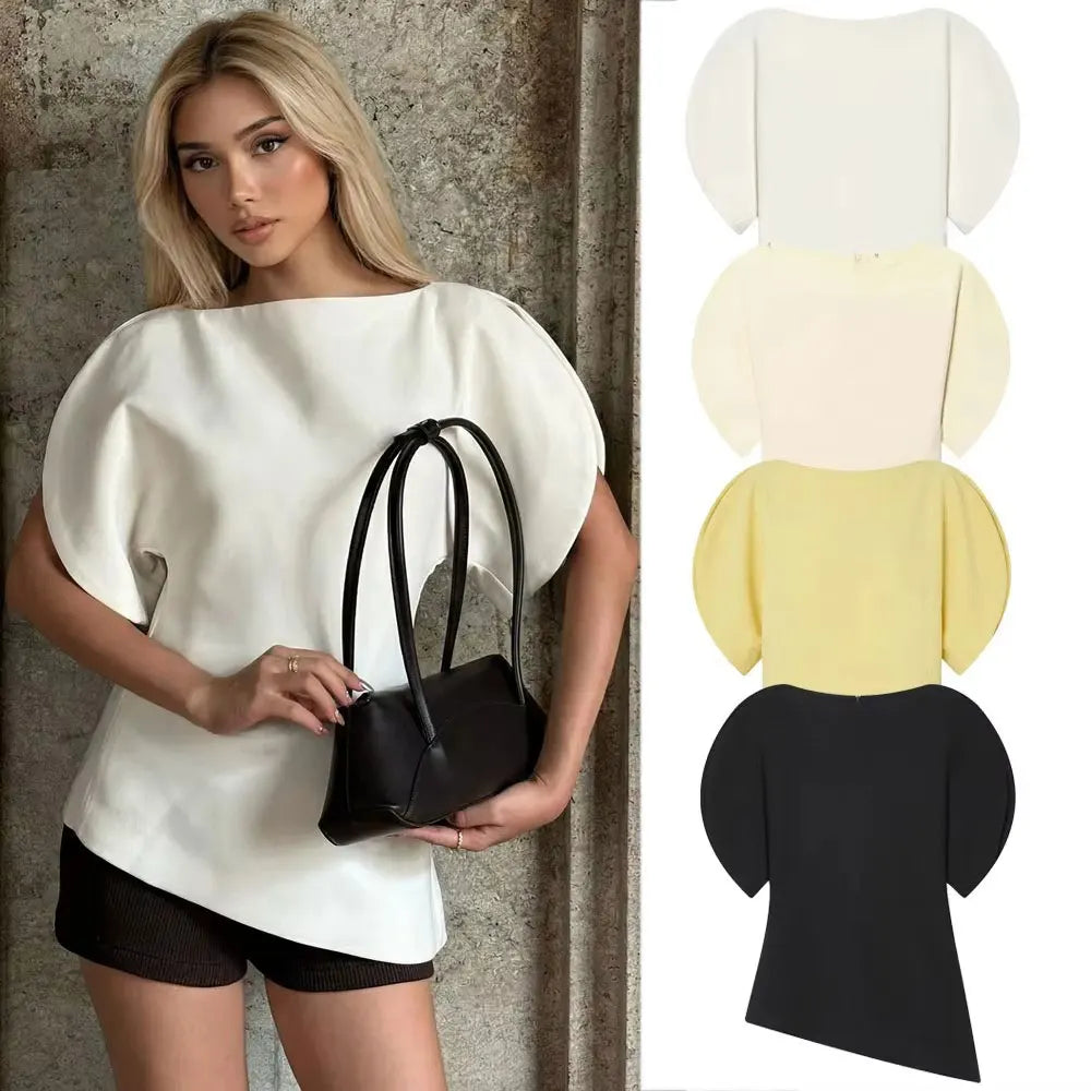 HH Women Casual Loose T-Shirts Asymmetrical Hem Blouse Short Puff