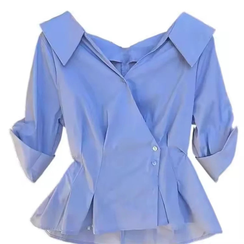 Elegant Short Sleeve V-Neck Shirt Women's Slim Blouse 2025 New Korean