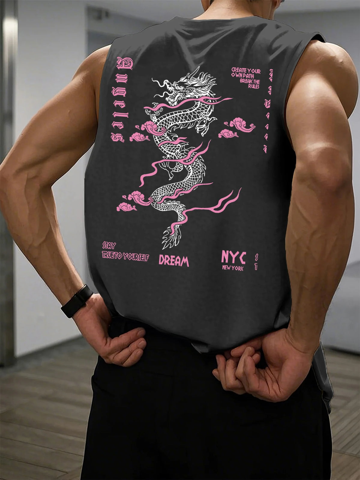 Men's Summer Leisure Sports Fitness Wide Dragon and Letter Pattern