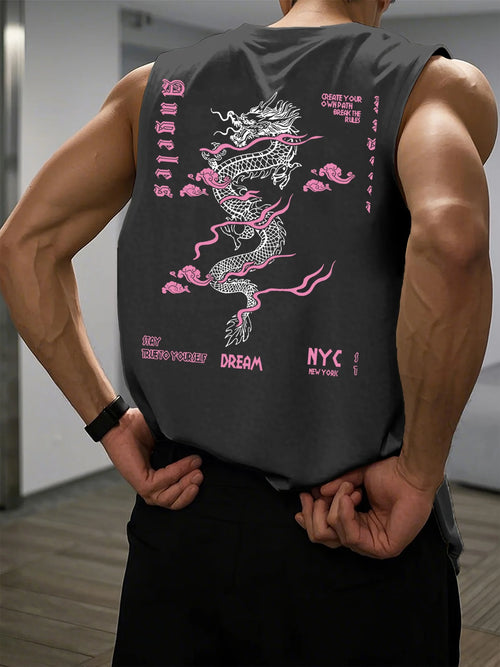 Men's Summer Leisure Sports Fitness Wide Dragon and Letter Pattern
