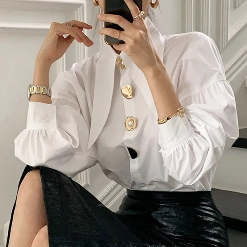 White Elegant Pearl Women Shirts Korean Sharp Corner Collar Loose Long