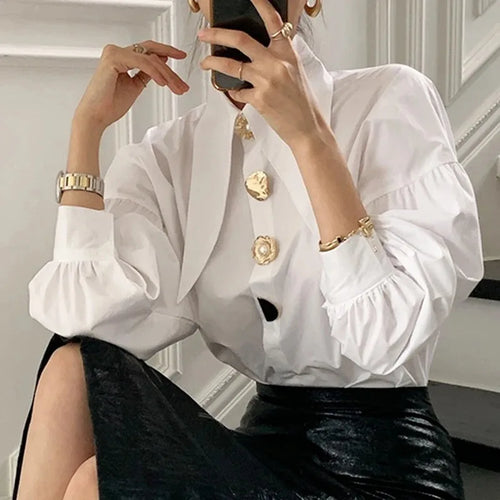 White Elegant Pearl Women Shirts Korean Sharp Corner Collar Loose Long
