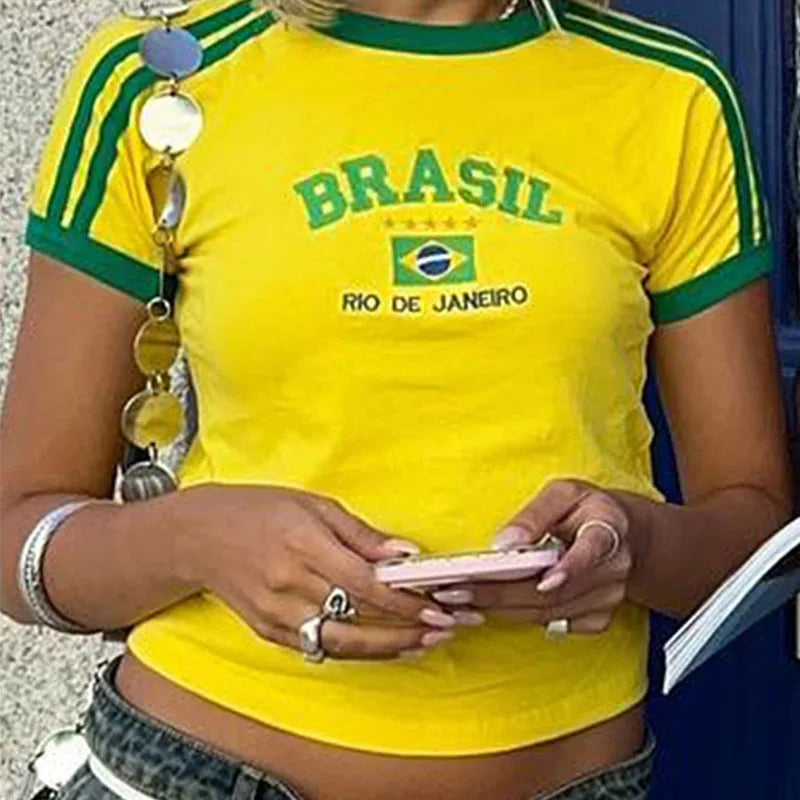 Womens Aesthetic BRASIL Letter Print T-Shirt and Shorts Suit, Vintage