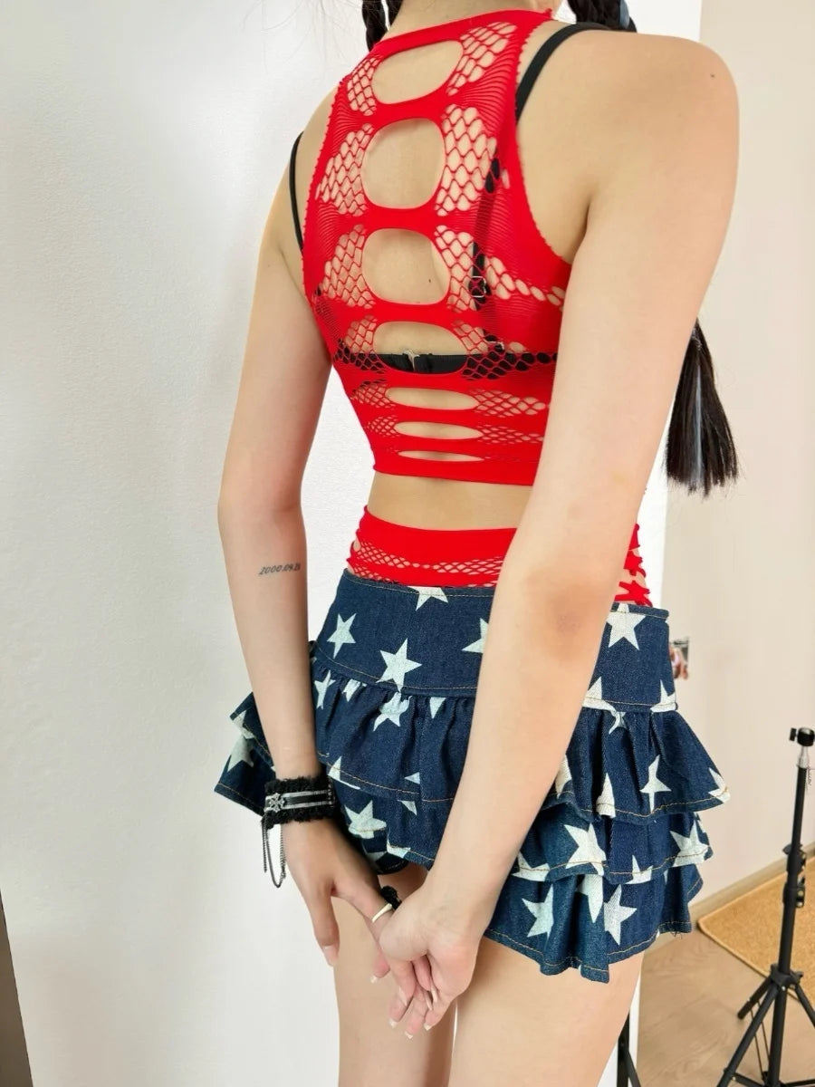 Y Demo Y2k Sexy Hollow Our Sleeveless Elastic Tops Bow Perspective
