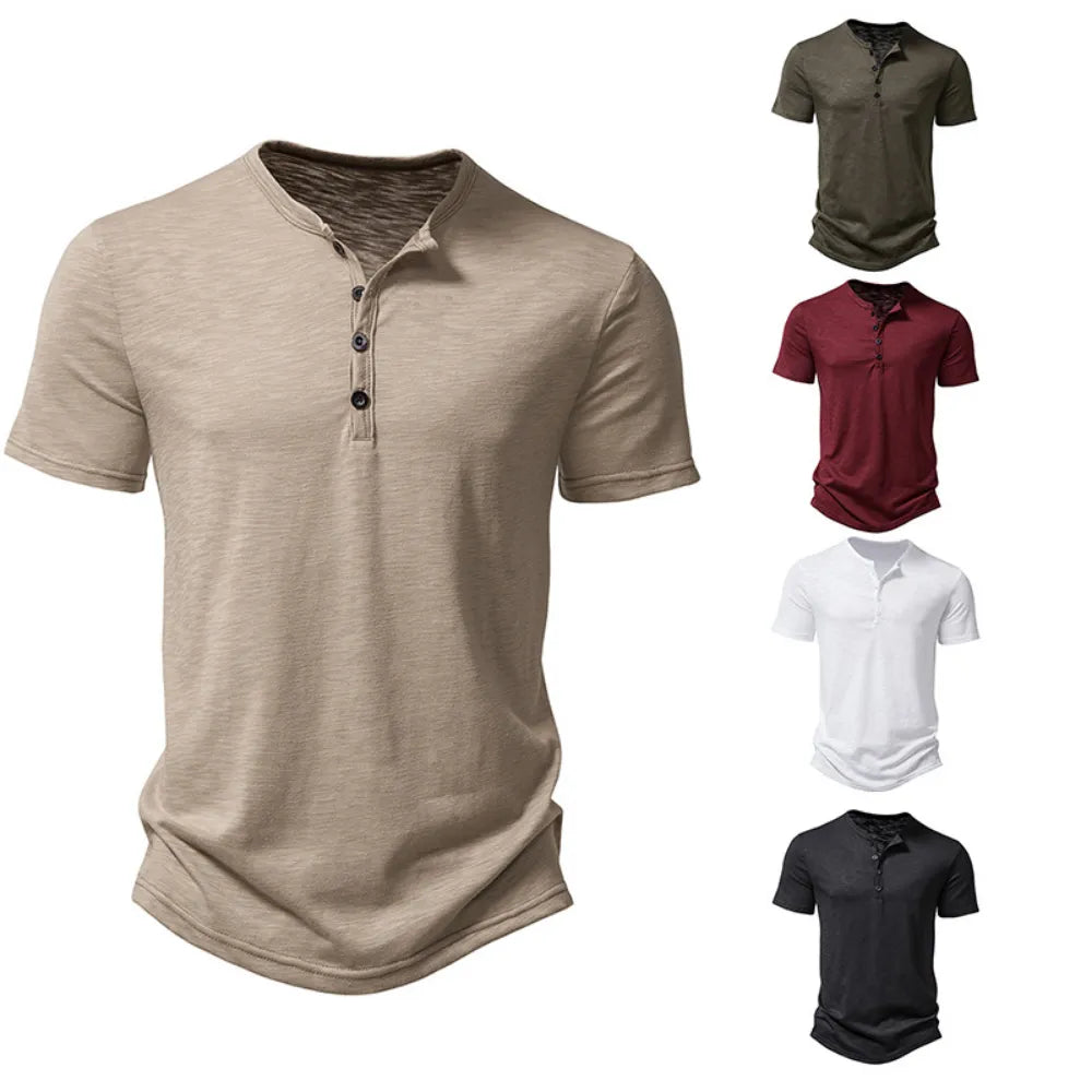 Henley Collar Summer Men Casual Solid Color Short Sleeve T Shirt for