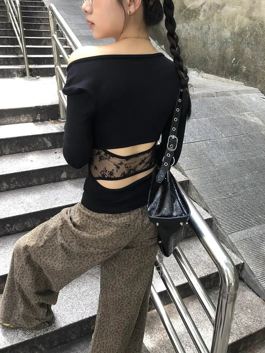 Tonngirls Vintage Print T Shirt Women Hollow Out Patchwork Y2k
