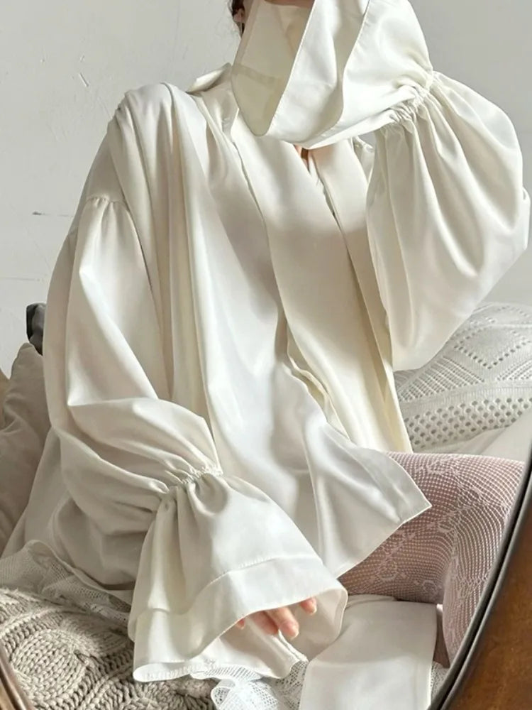 Bonboho Women's Elegant Blouse Solid White Buttoned Satin Shirts Lapel