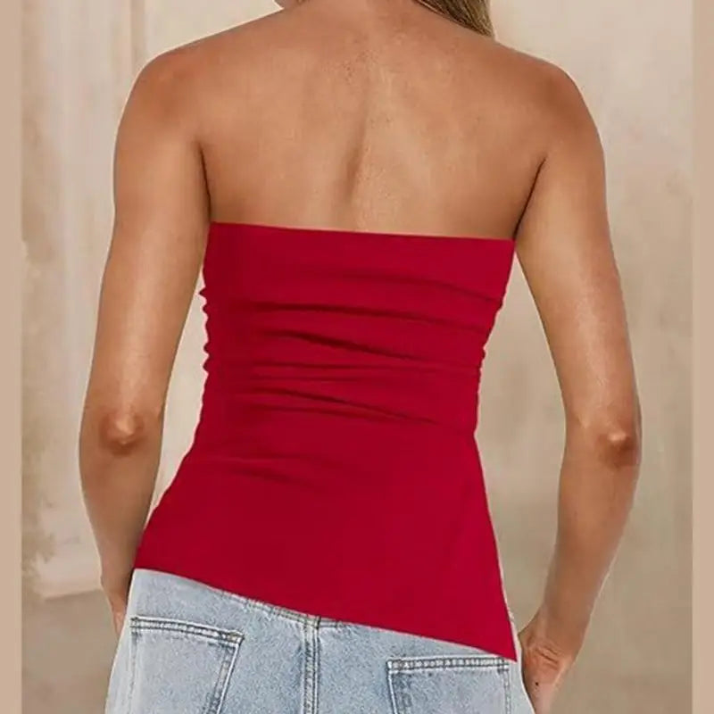 50LE Women Off Shoulder Tube Top Strapless Ruched Asymmetrical Split