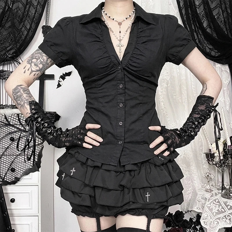 Women Shirts Black Short Sleeve Collared Button Down Blouse Tops