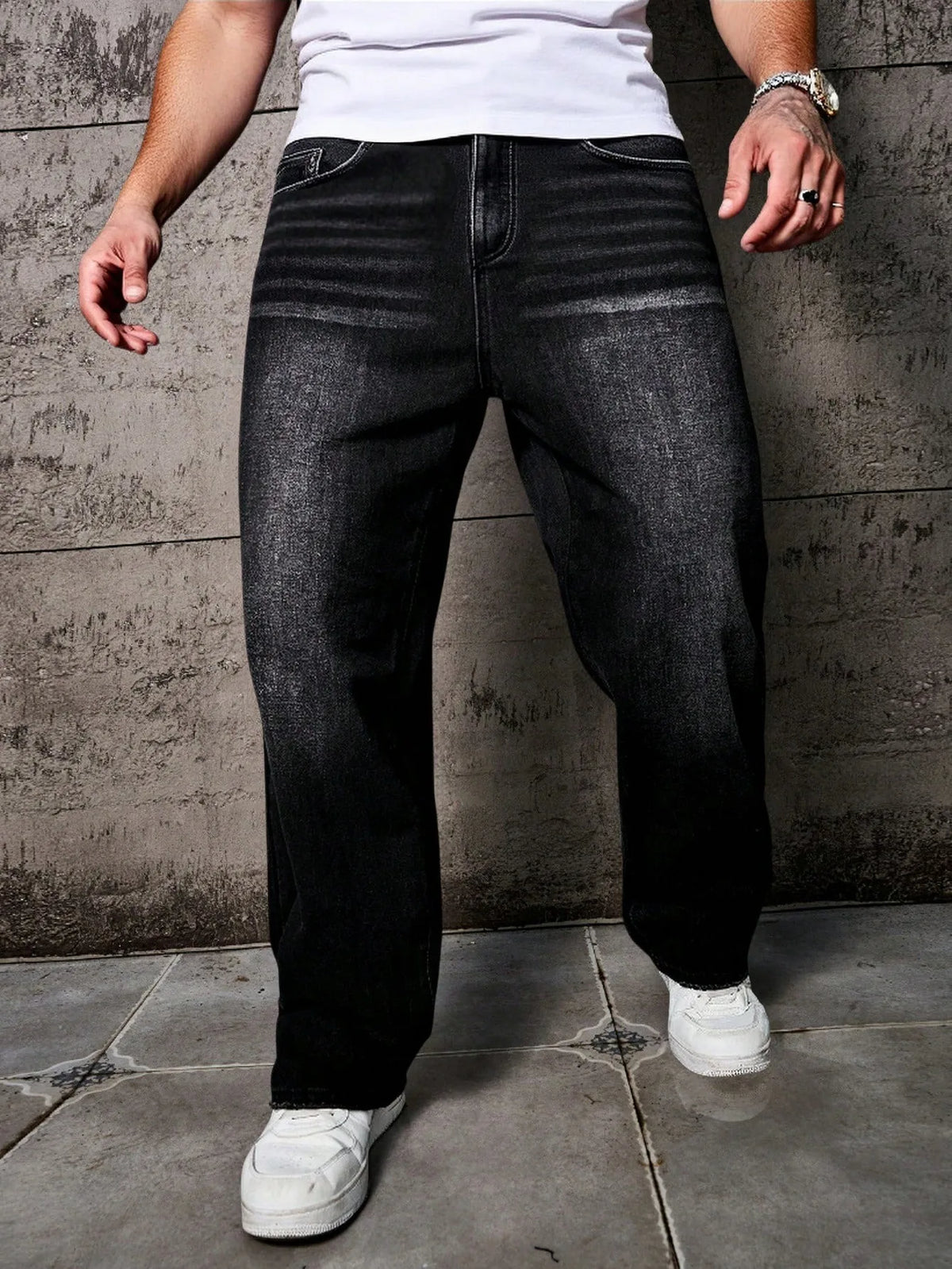 1pc Vintage Style Men's Black Washed Distressed Loose Wide Leg Relaxed