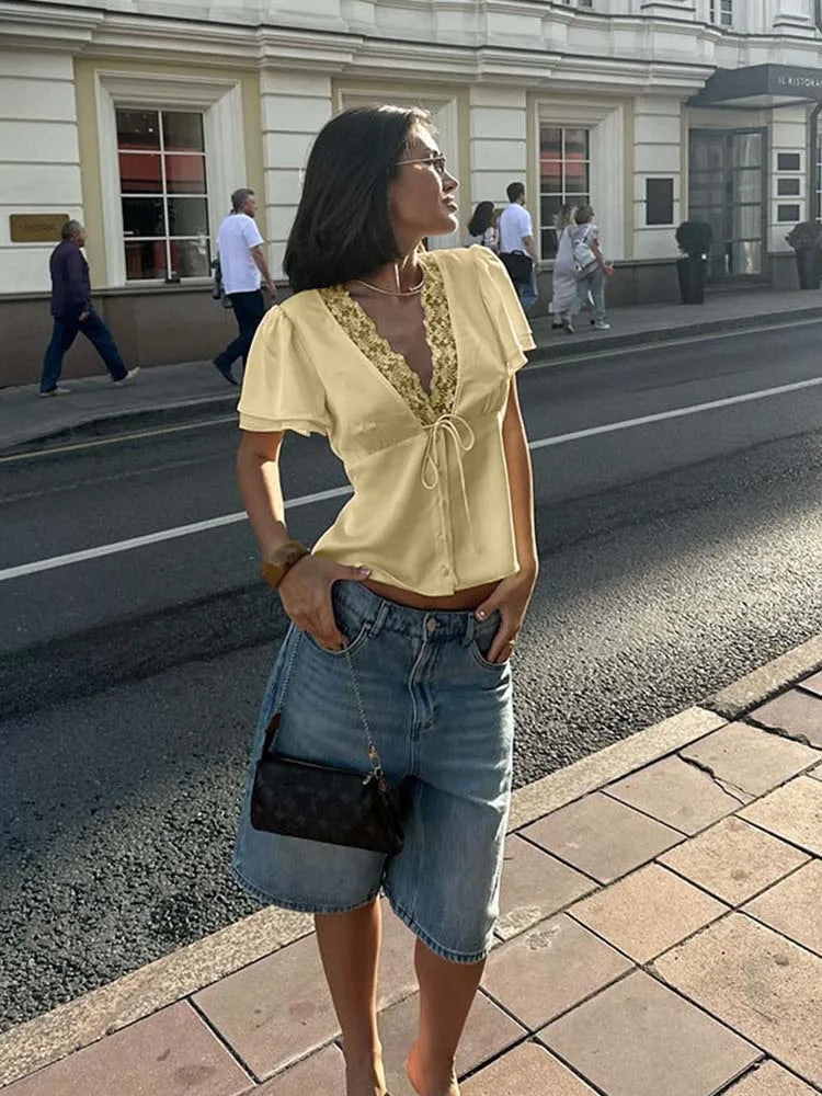 CNYISHE Lace Patchwork Solid Short Sleeve Tops for Women V Neck Sheath