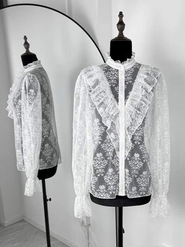 Tossy Lace Ruffled Printed Shirts Female See-Through Patchwork Lace-Up