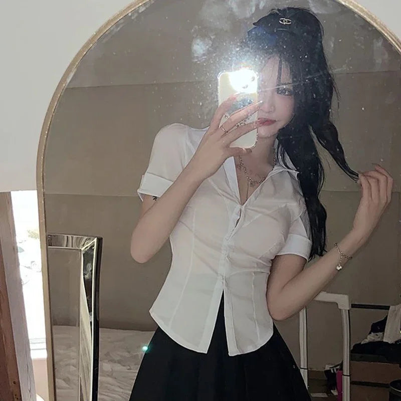 Korean Slim Fit Short Sleeve Cropped Blouse Ladies Solid Color