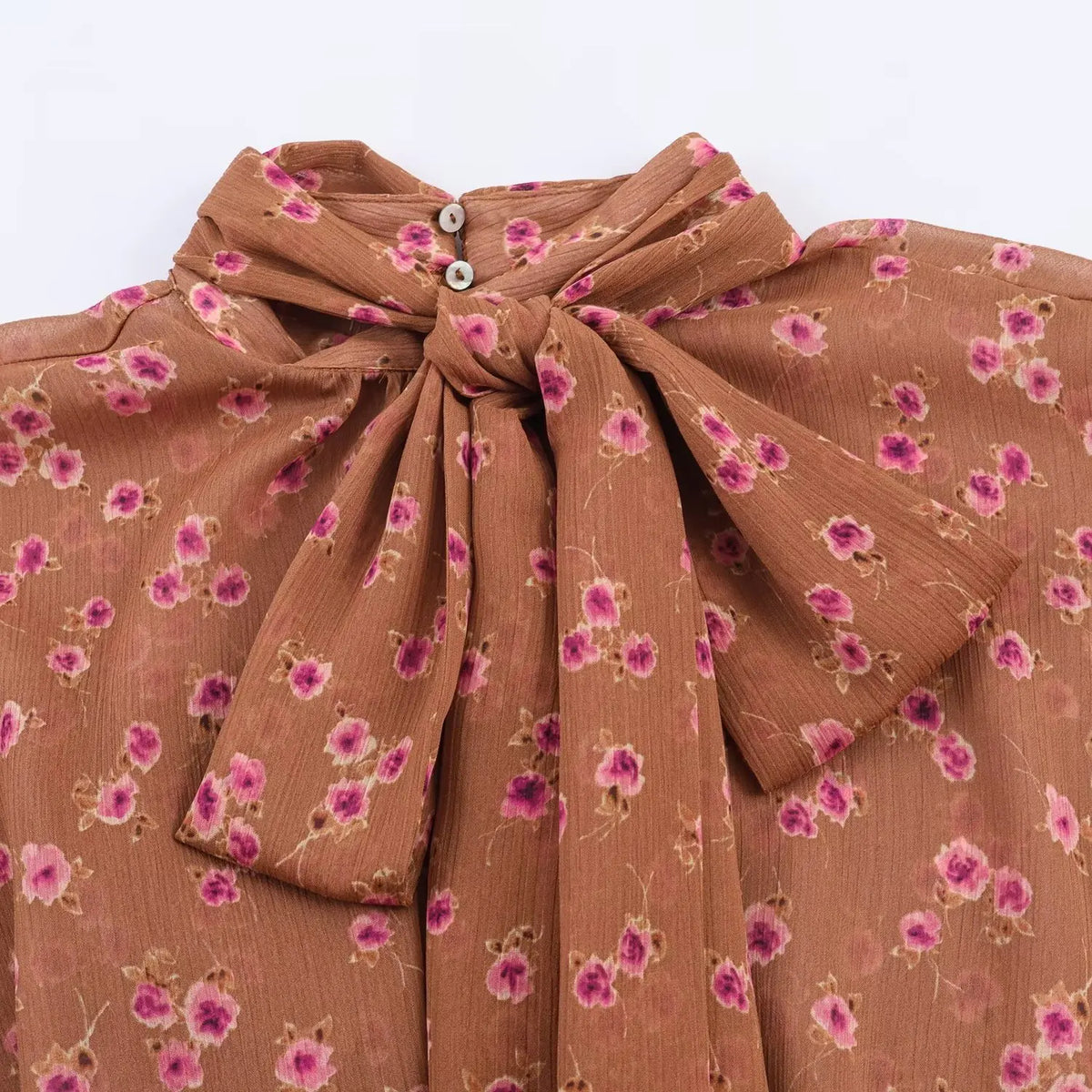 Women French Style Chic Bow Blouses Floral Print Casual Ruffles Long