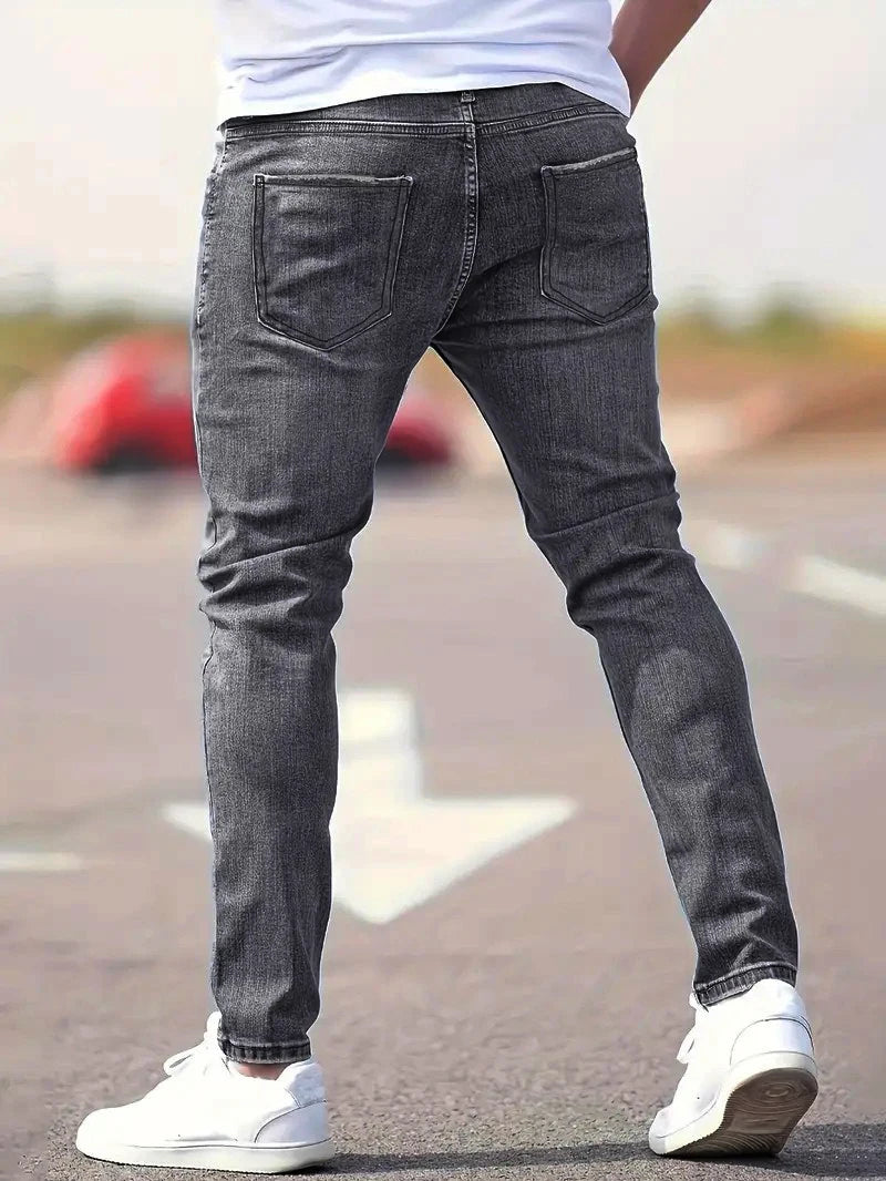 Men's American Retro Hole-Punched Stretch Slim Fit Jeans Zipper Casual