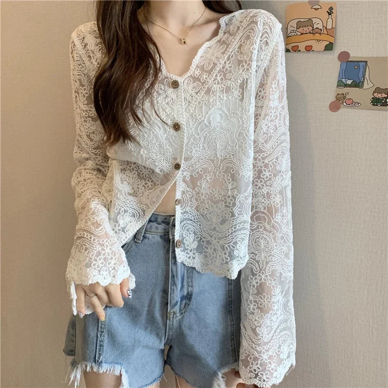 Vintage Summer Lace Blouses Women See Through Sheer Long Sleeve Sun