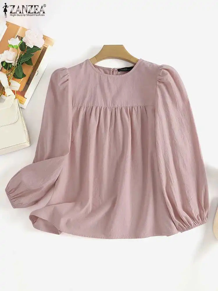 ZANZEA Elegant Solid Blouse Women Long Sleeve O Neck OL Work Shirt