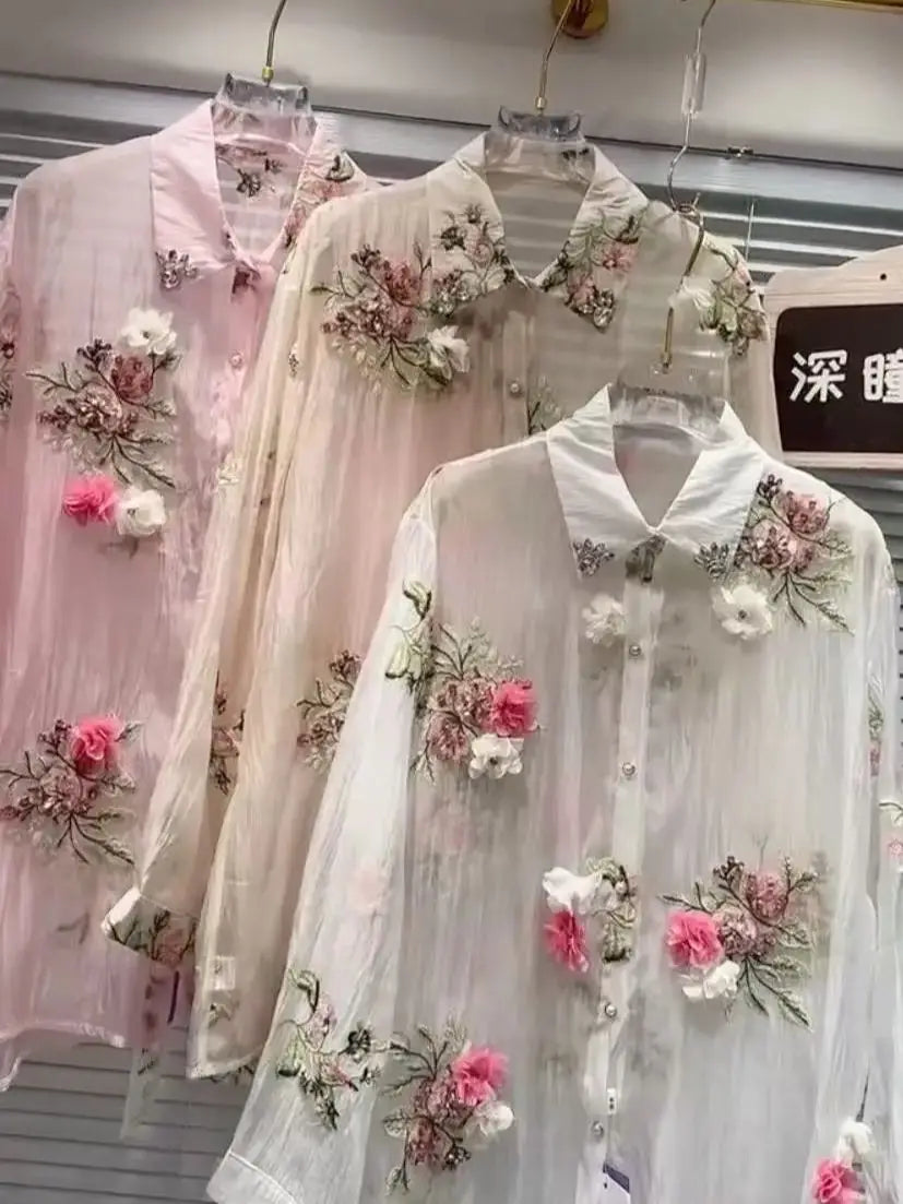 Luxury Design Summer Sparkle Diamonds Flowers Embroidery Party Shirts
