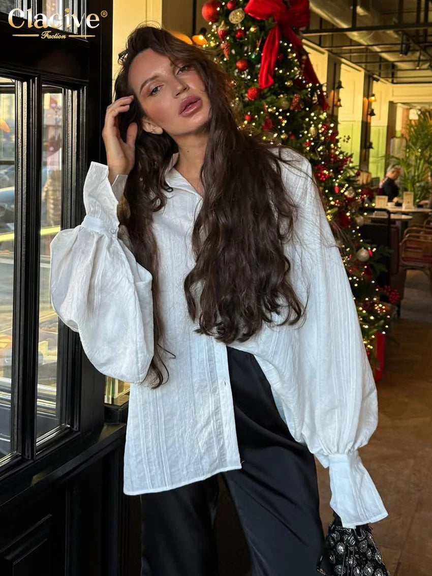 Clacive Fashion Loose White Cotton Women's Shirt 2025 Casual Lapel