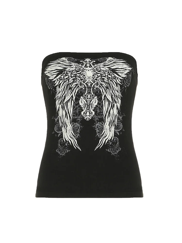 Gothic Print Black Tube Top Women Strapless Skinny Cropped Tops Summer